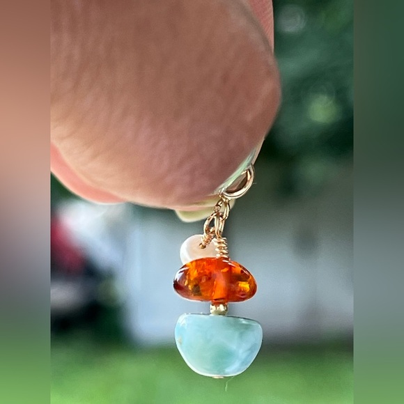 Elegant Larimar Amber and Freshwater Pearl Charm . Gold filled 14K - Picture 4 of 5